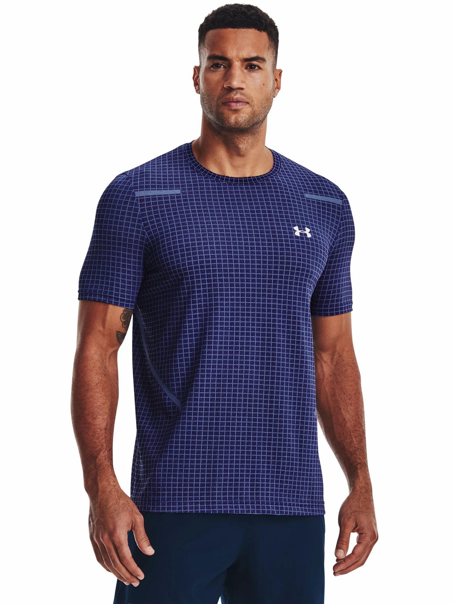 navy blue seamless grid short sleeve t-shirt