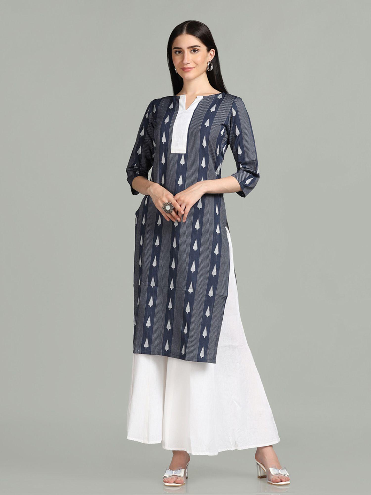 navy blue self design cotton blend kurti