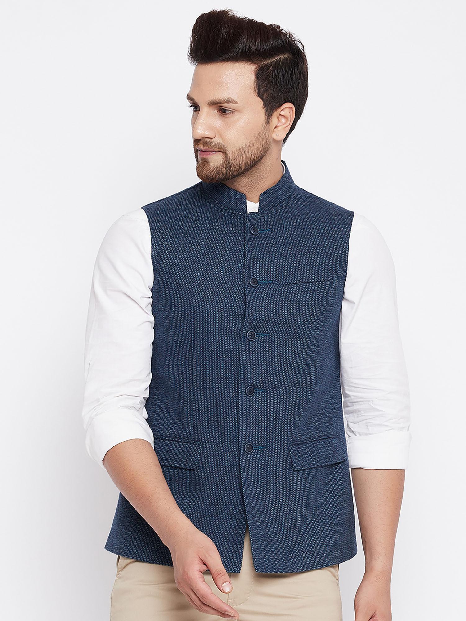 navy blue self design nehru jacket