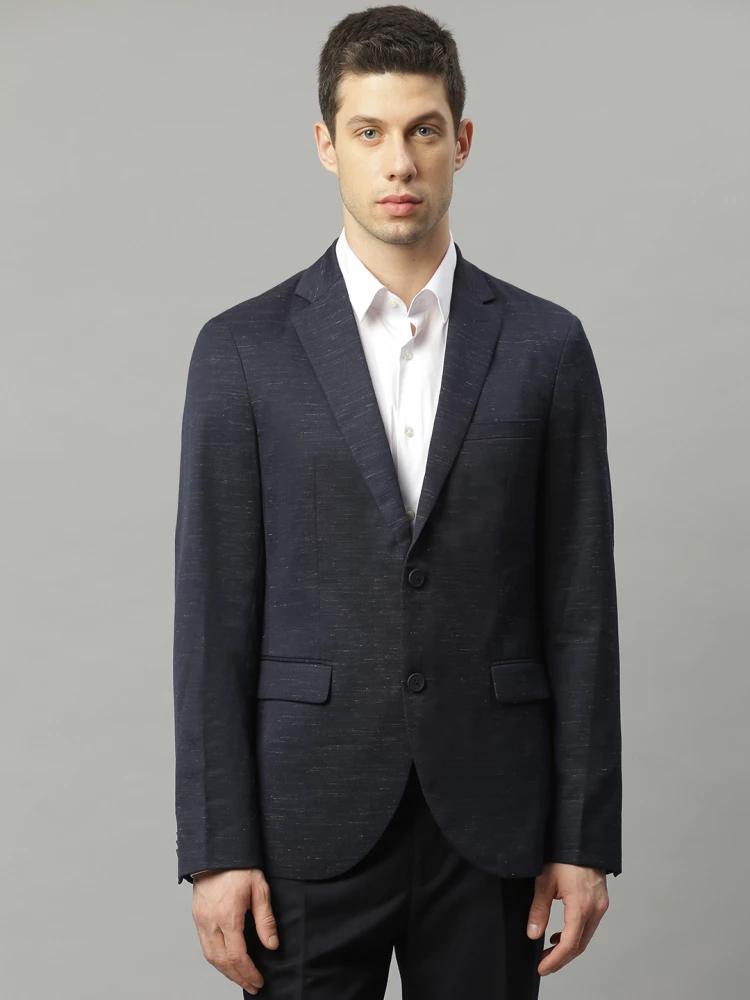 navy blue self-design regular fit blazer