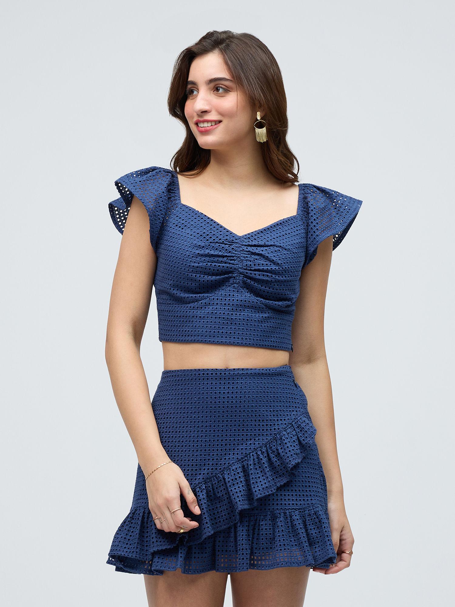 navy blue self design ruffle skirt co ord (set of 2)