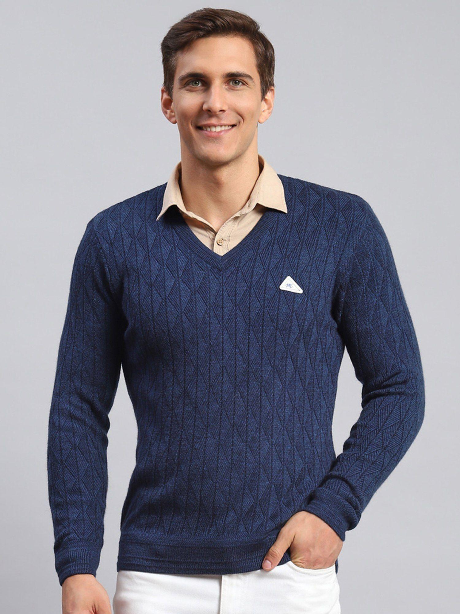 navy blue self design v neck pullover sweater