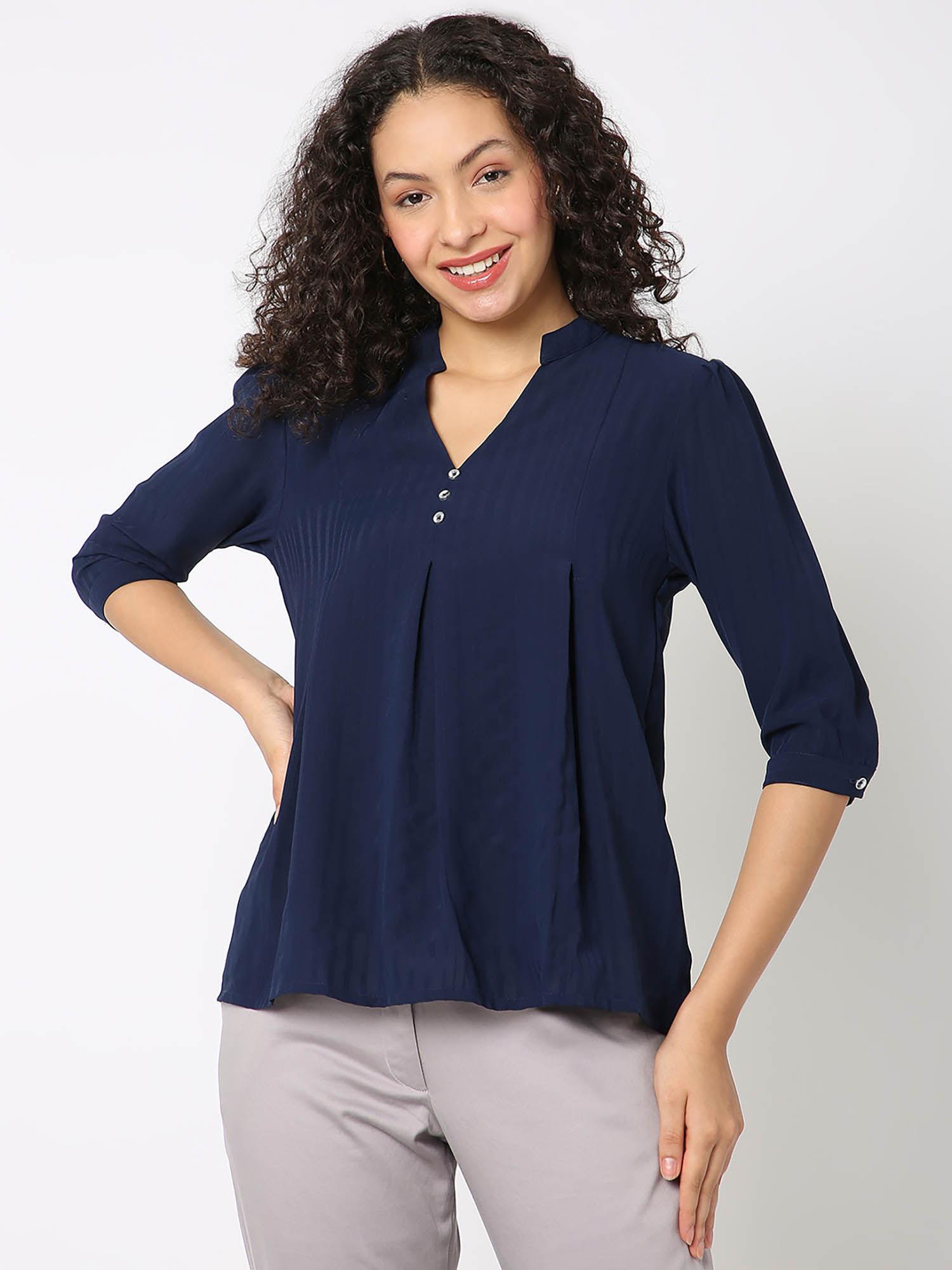 navy blue self stripe mandarian neck neck top