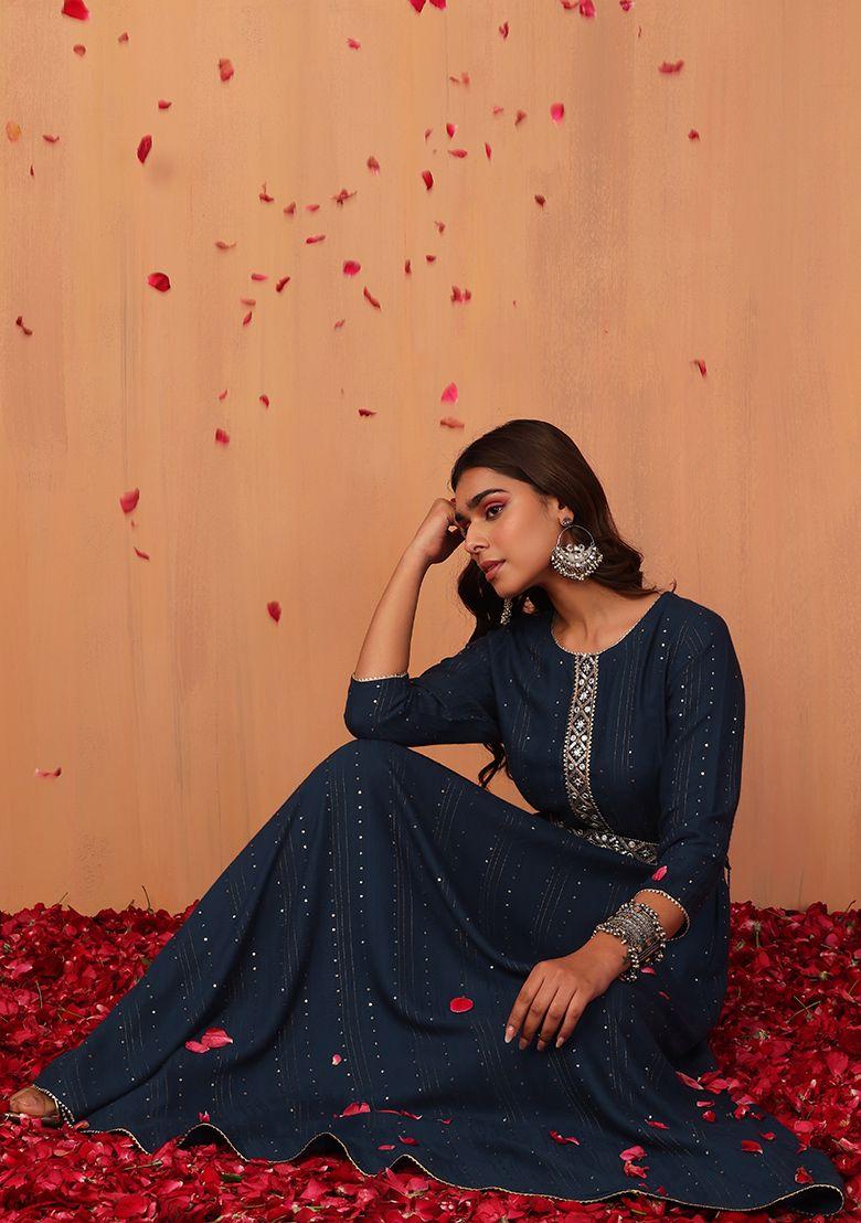 navy blue sequin embroidered anarkali kurta with belt