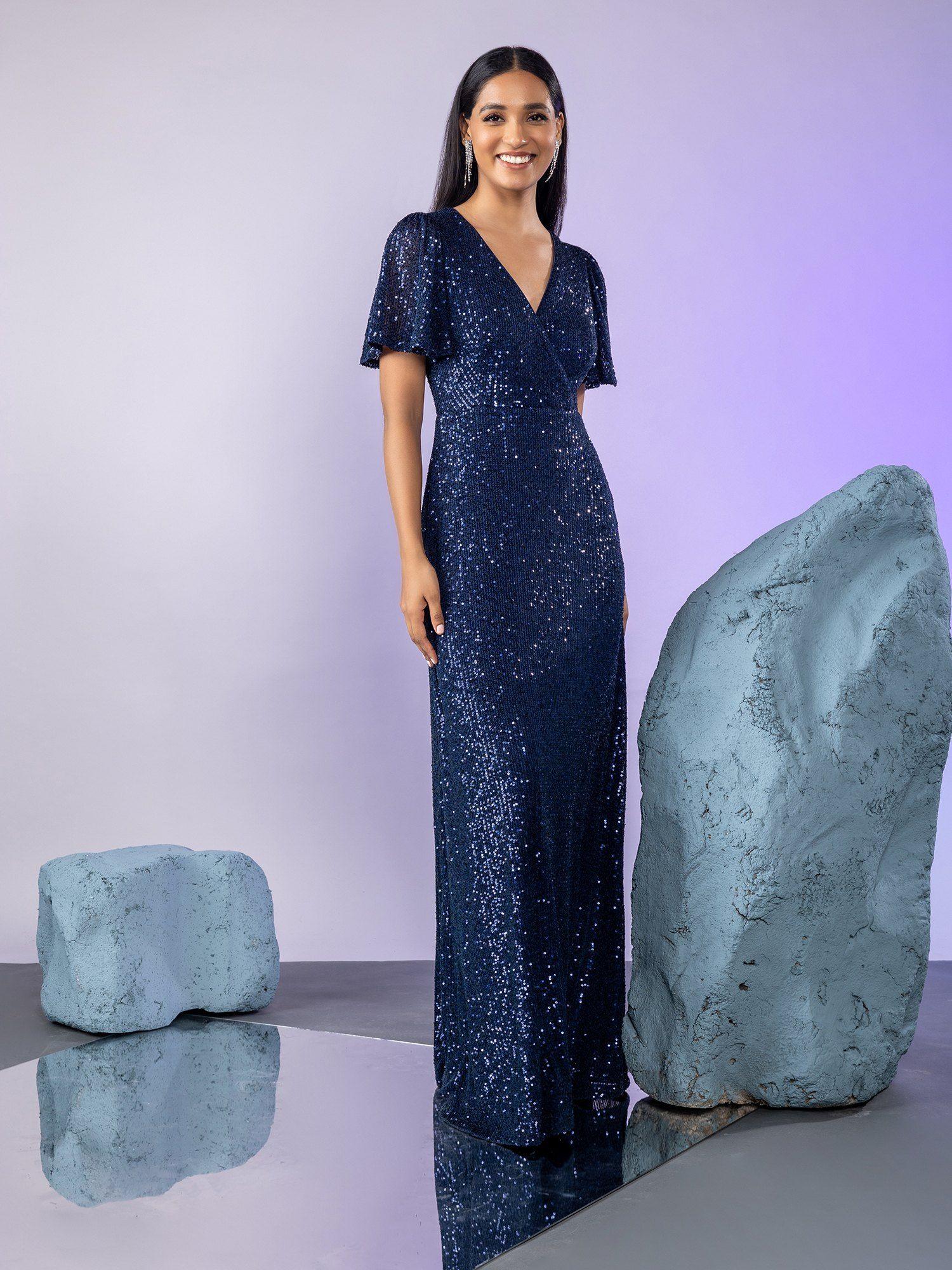 navy blue sequin overlap sheath gown