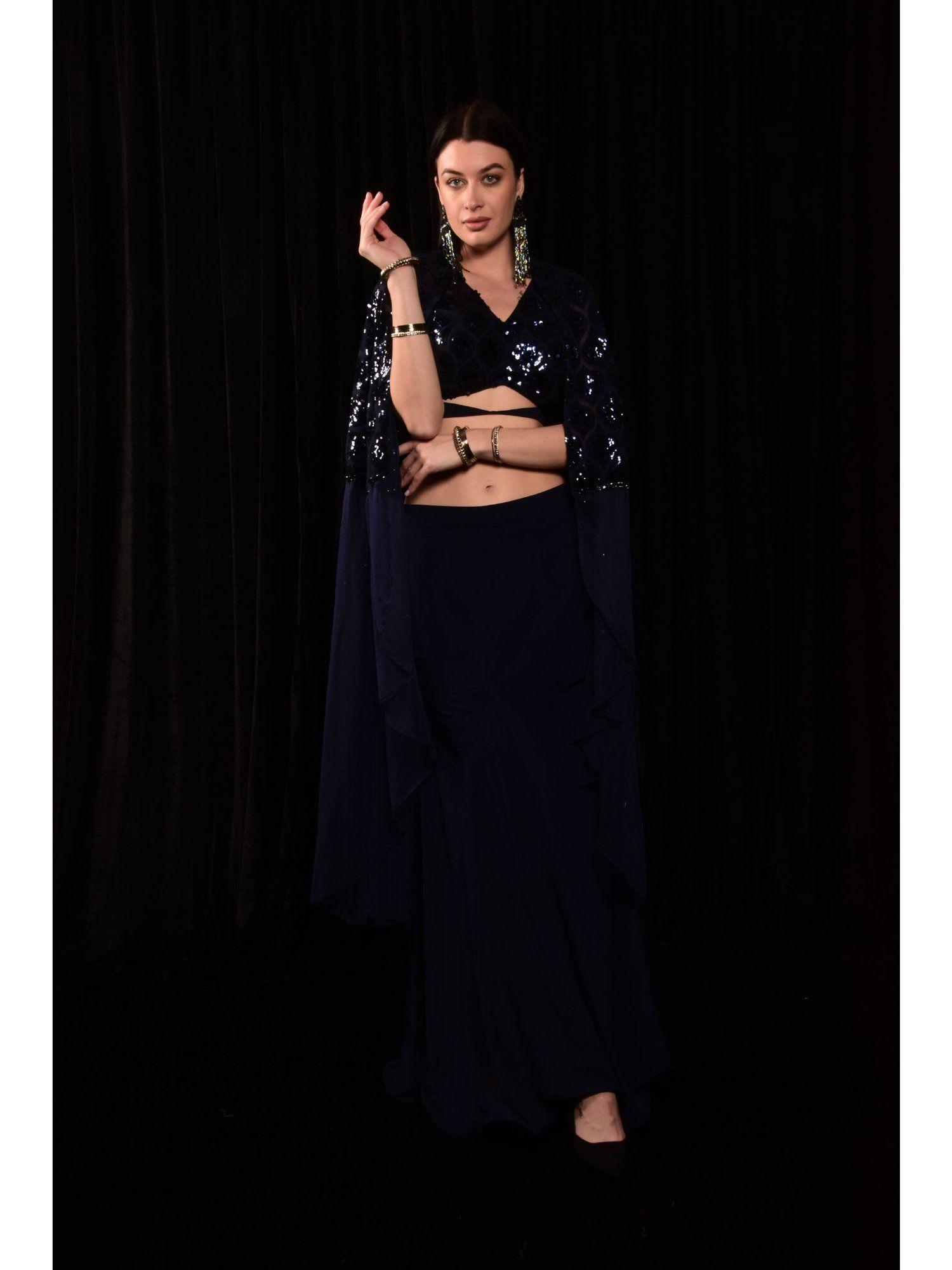 navy blue sequined crop top with lehenga and shrug (set of 3)