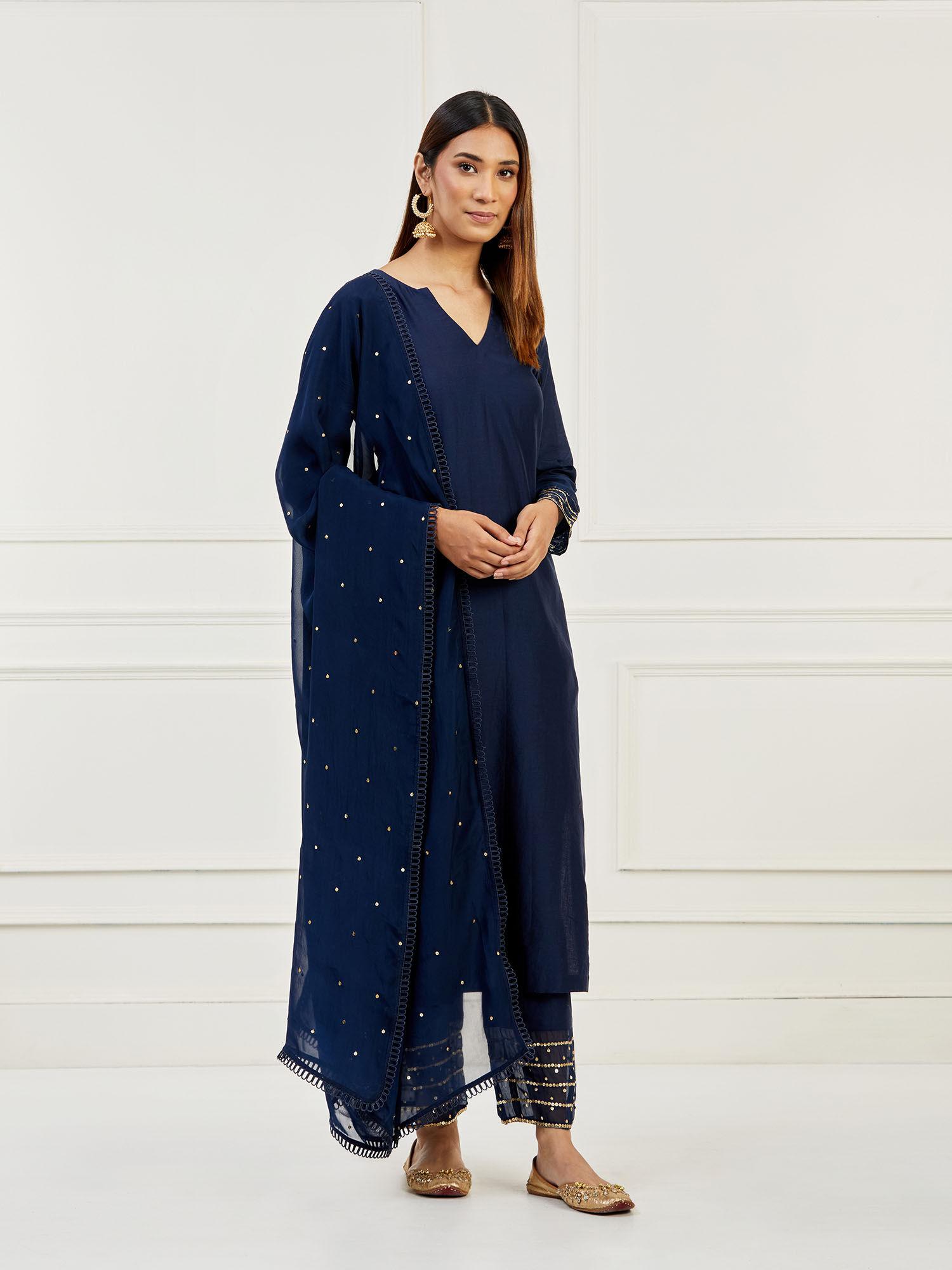 navy blue sequined kurta with pants (set of 3)