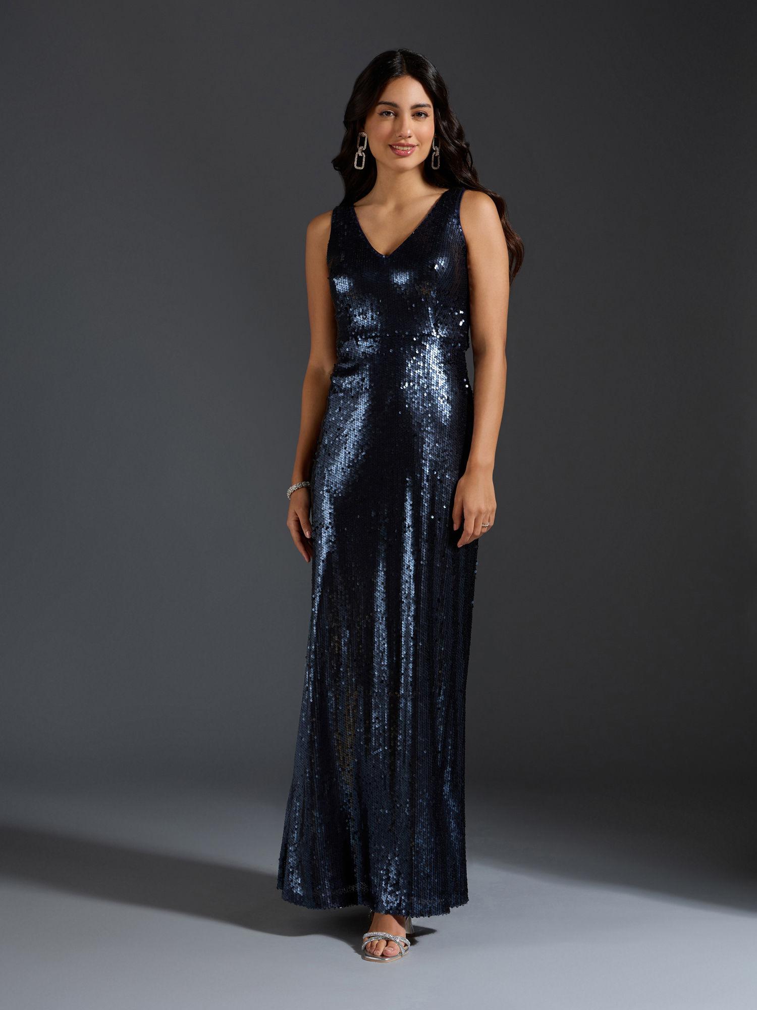 navy blue sequined v neck sheath maxi dress