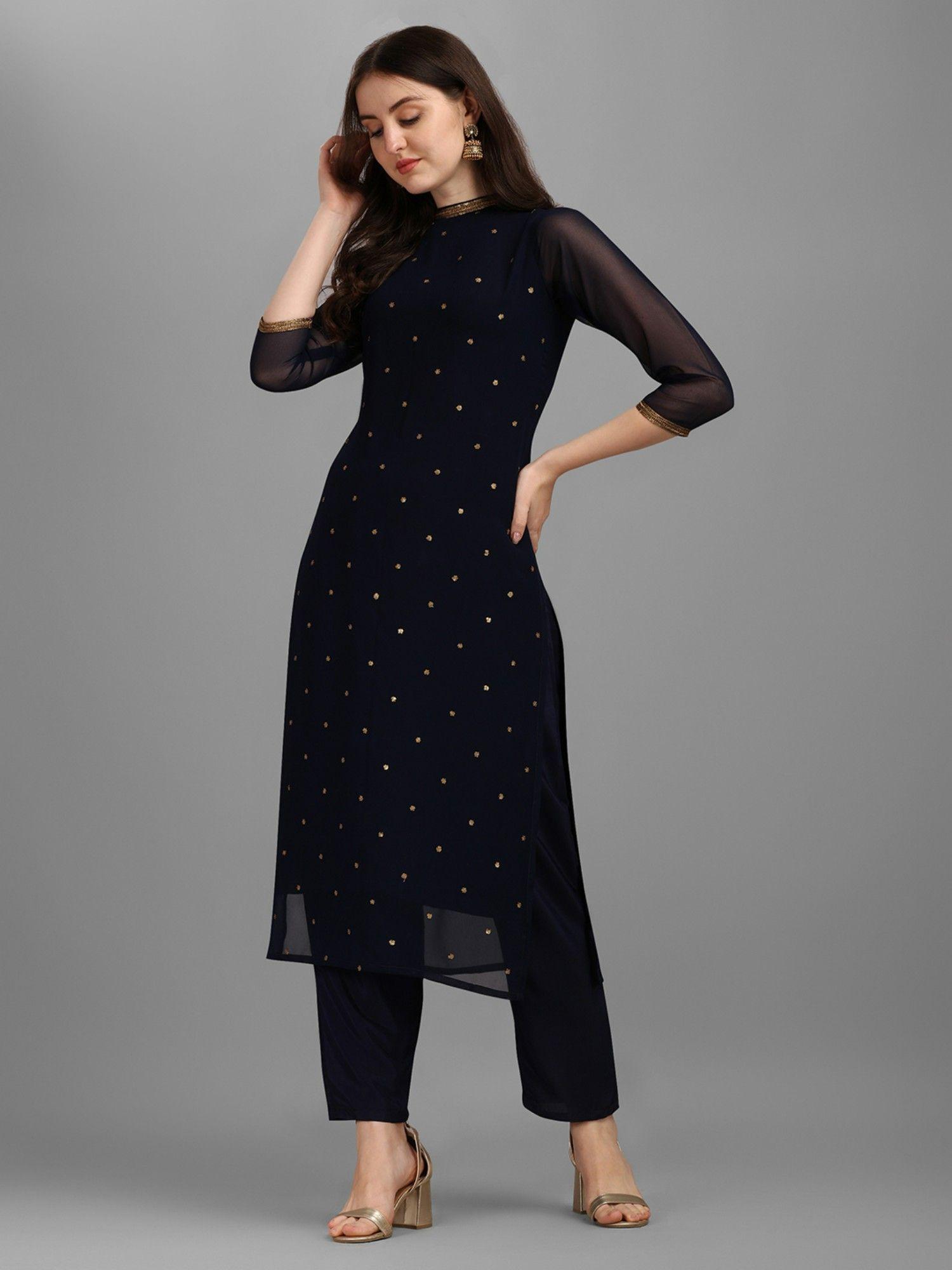 navy blue sequinned embroidered kurta (set of 2)