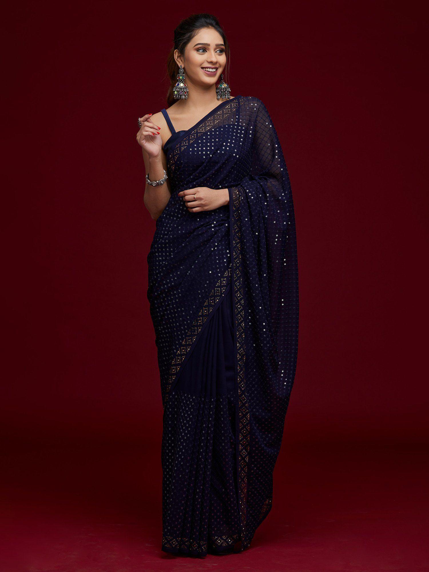 navy blue sequins georgette saree with unstitched blouse