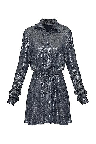 navy blue sequins shirt dress