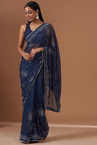 navy blue shimmer & chiffon embroidered saree