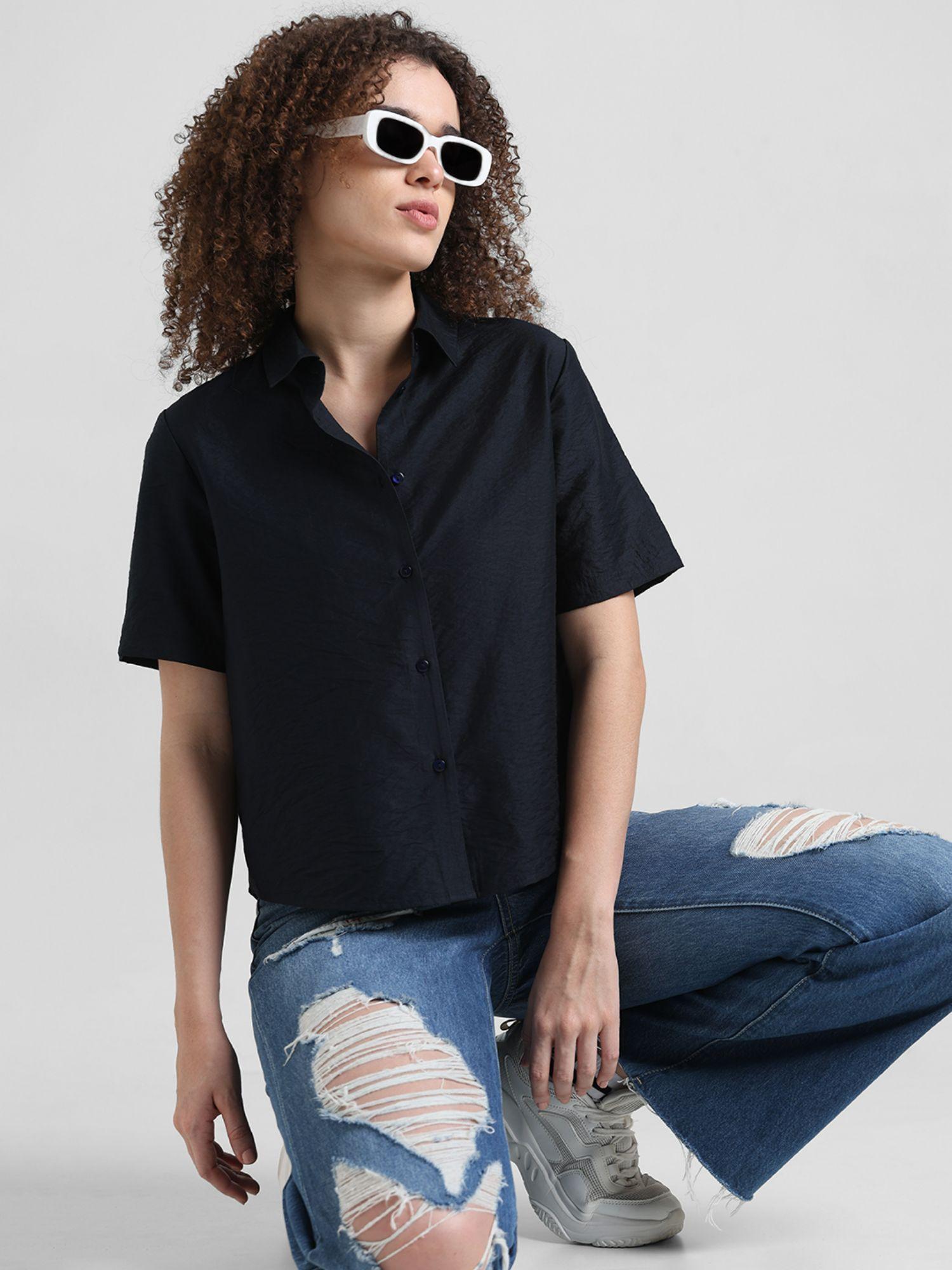 navy blue short sleeves shirt