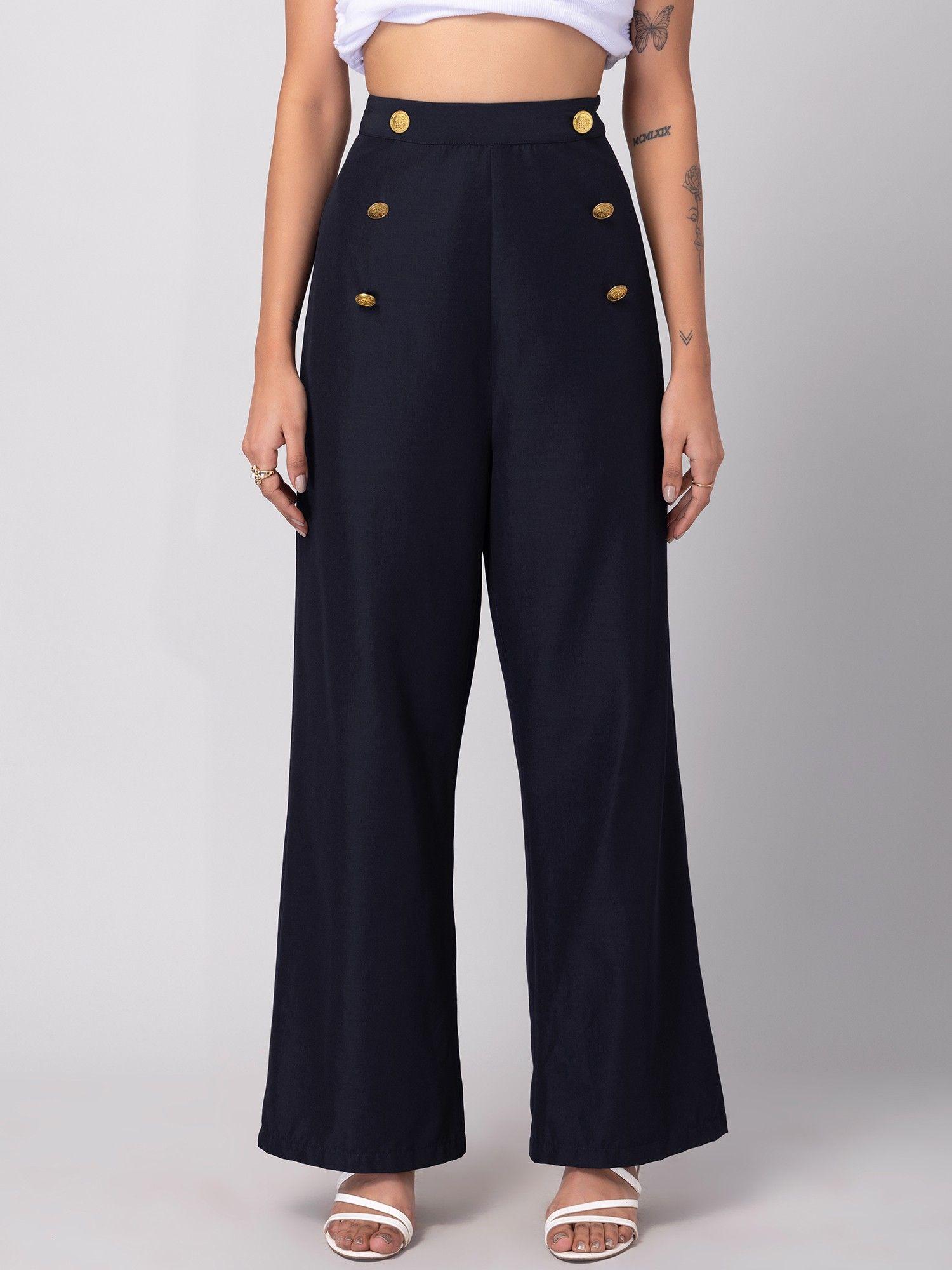 navy blue side button high waist straight pants