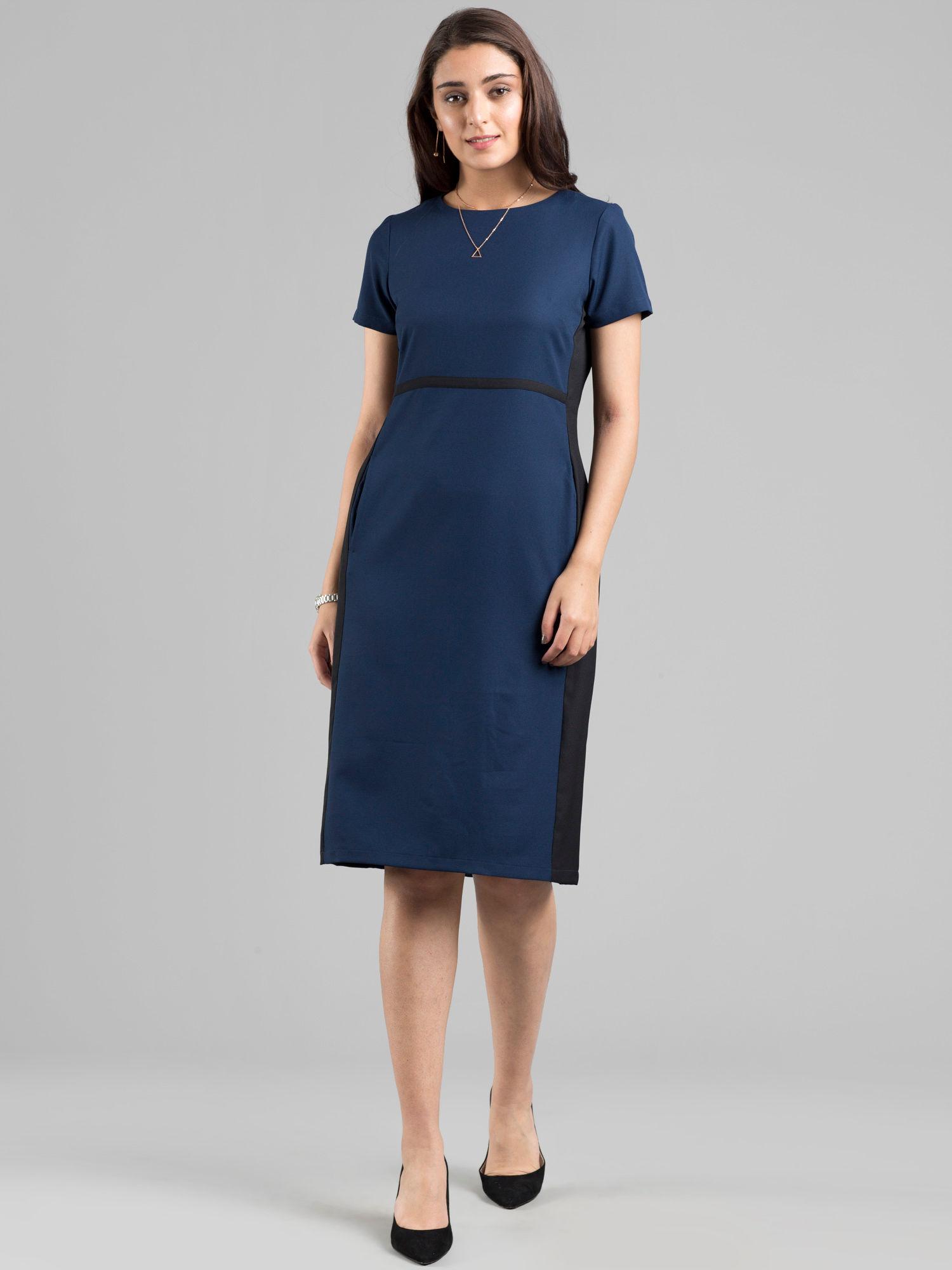 navy blue side colour block panel shift dress