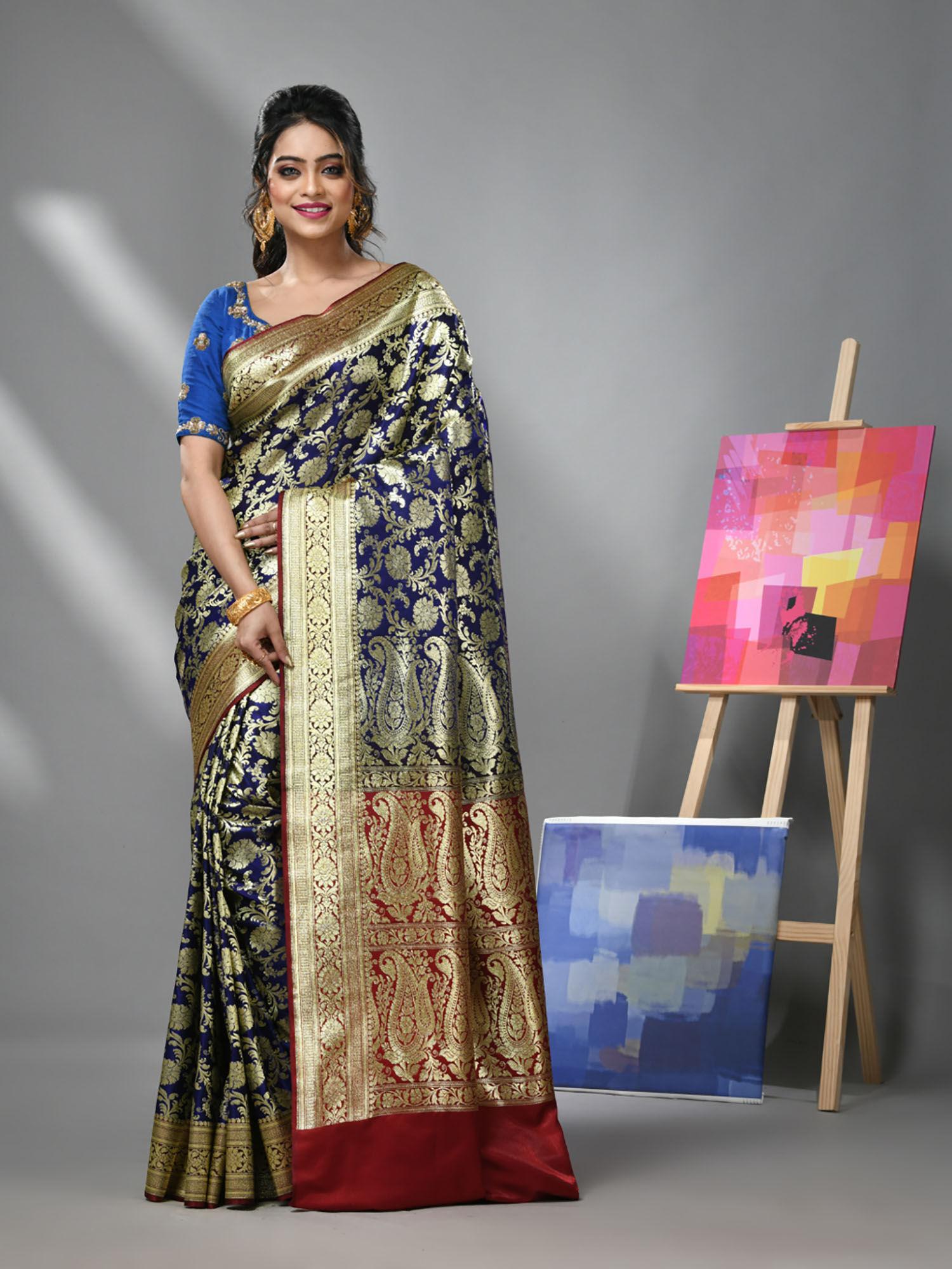 navy blue silk banarasi saree with zari woven designs & unstitched blouse