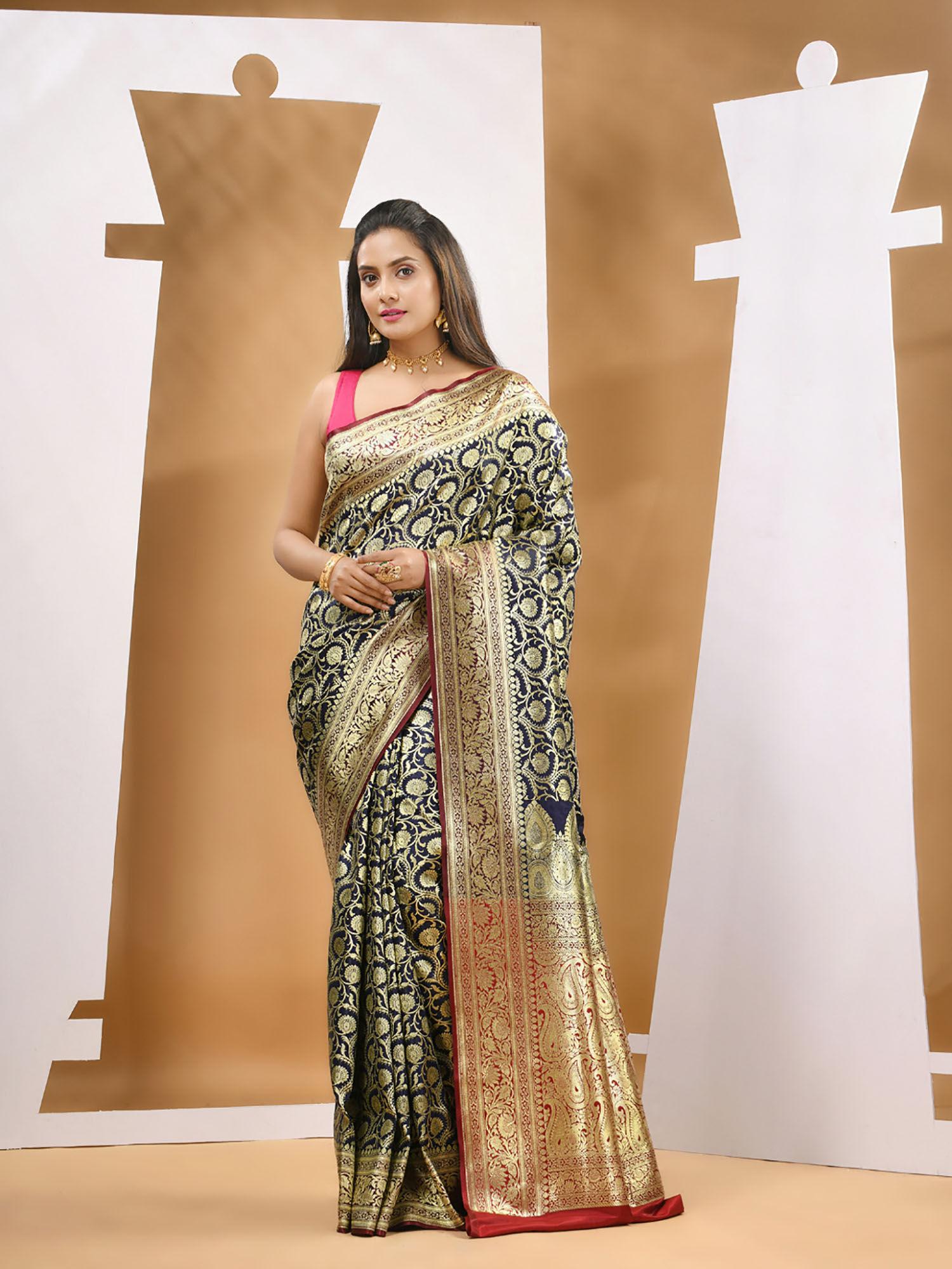 navy blue silk banarasi zari saree with unstitched blouse