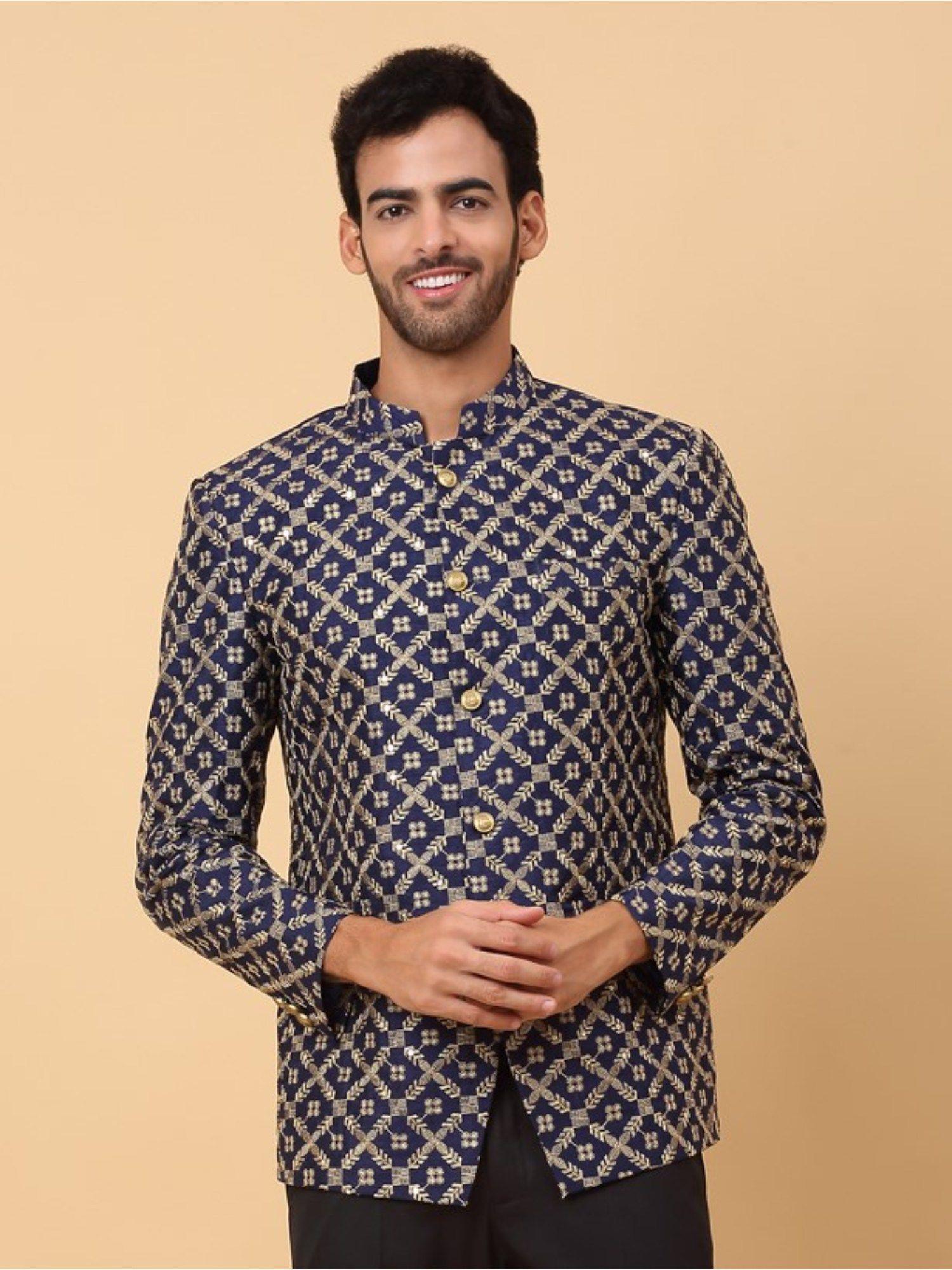 navy blue silk blend embroidered bandhgala coat