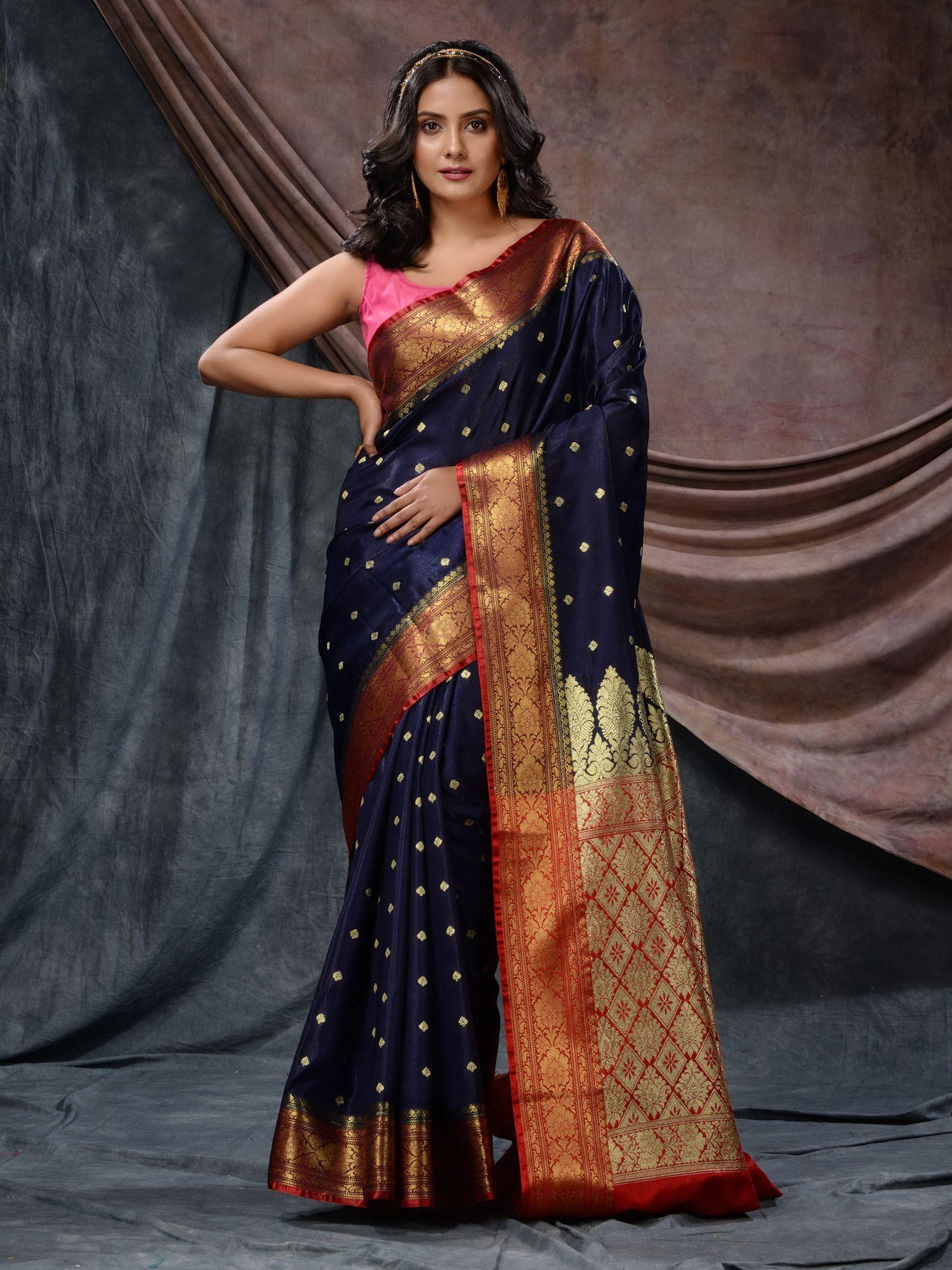 navy blue silk blend handloom floral and ethnic design saree with unstitched blouse