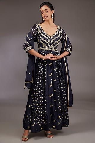 navy blue silk brocade zardosi embroidered anarkali set