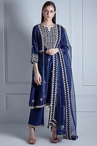 navy blue silk chanderi & organza embroidered kalidar kurta set
