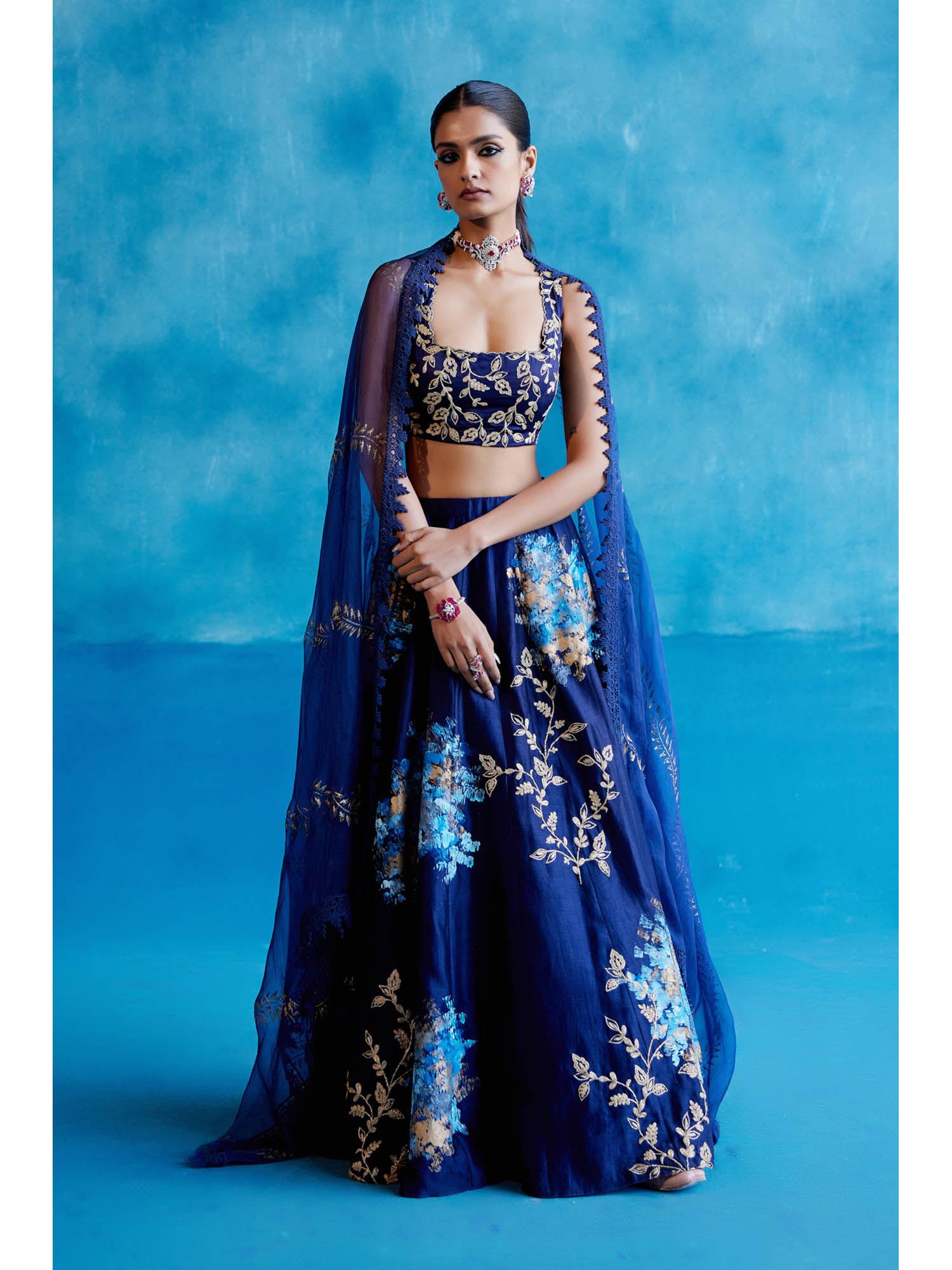 navy blue silk chanderi hand painted lehenga (set of 3)