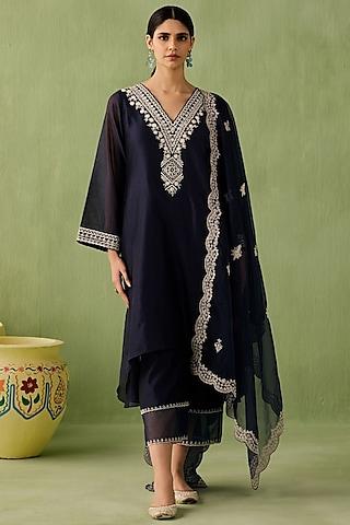 navy blue silk chanderi sequins embellished asymmetrical high-low kurta set
