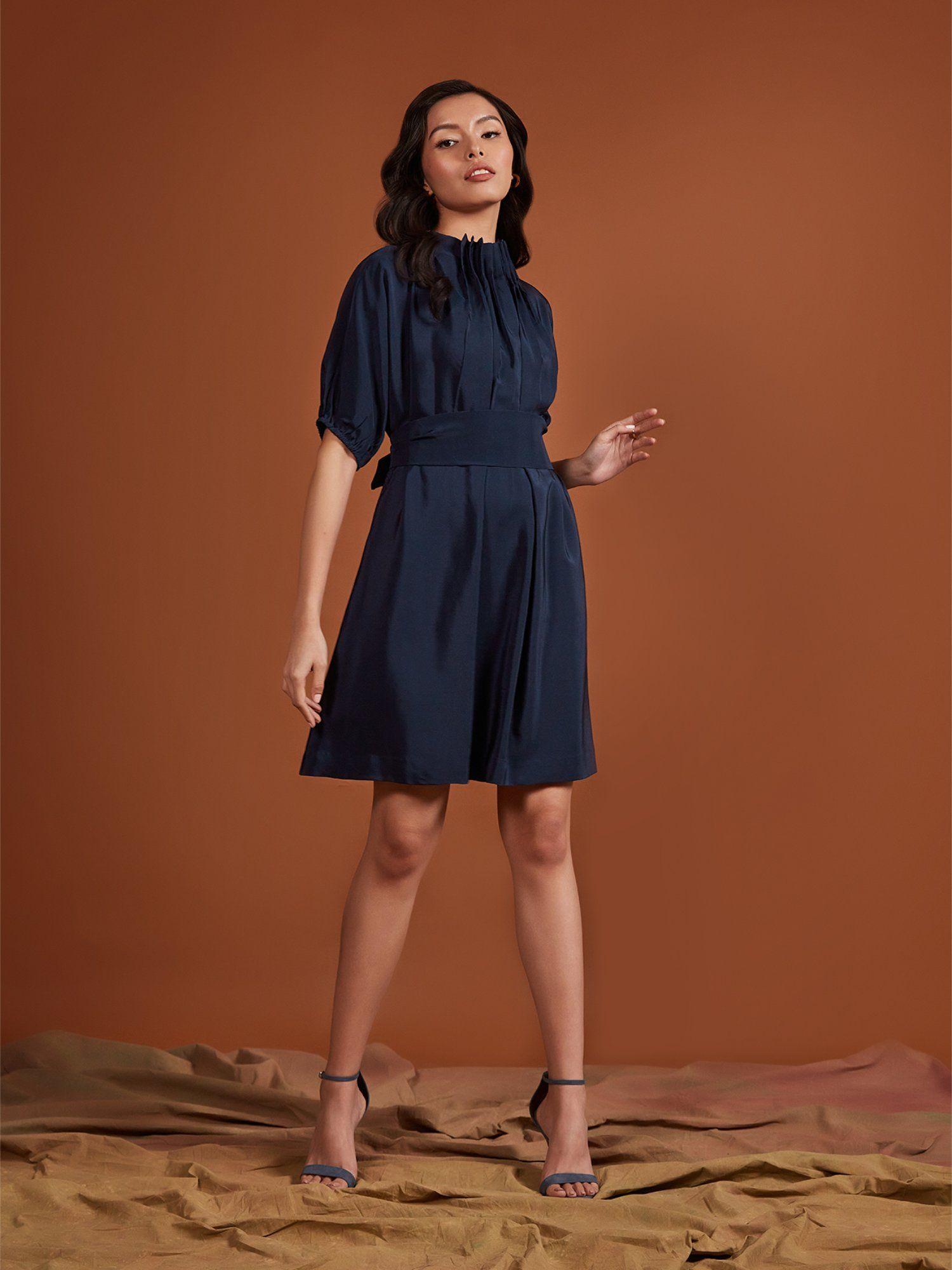 navy blue silk crepe high neck pleated mini dress (set of 2)