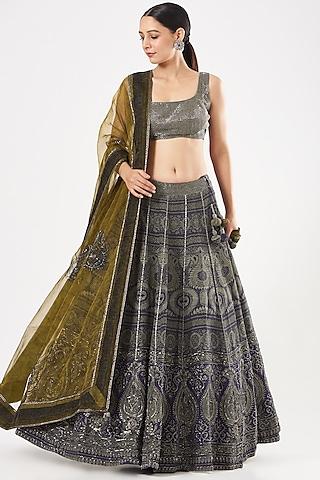 navy blue silk crepe printed lehenga set