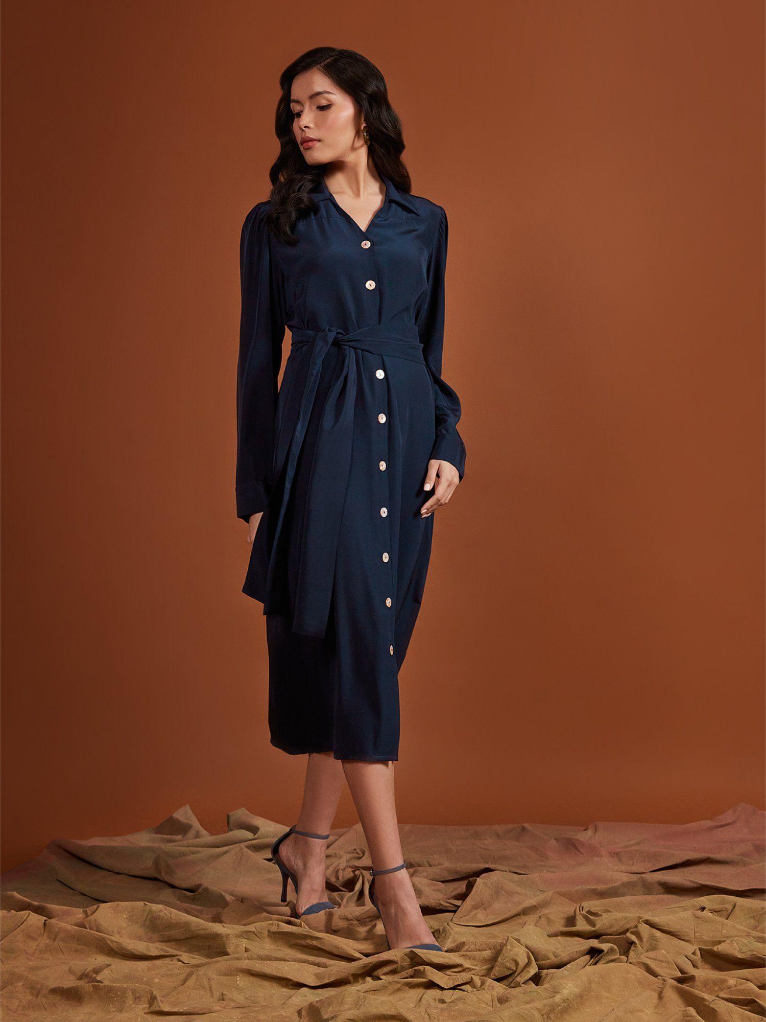 navy blue silk crepe shirt midi dress (set of 2)