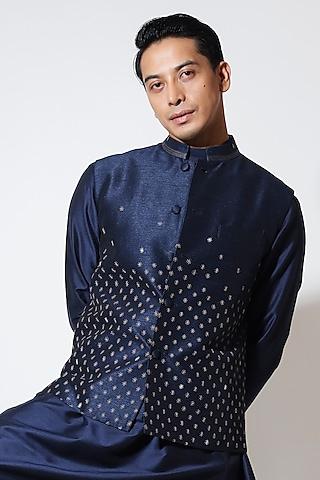 navy blue silk embroidered bundi jacket