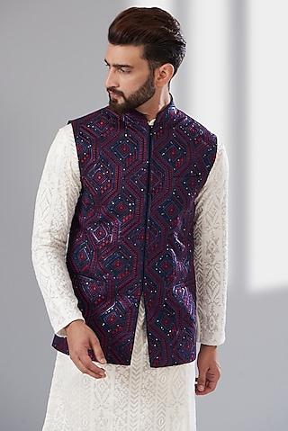 navy blue silk embroidered nehru jacket