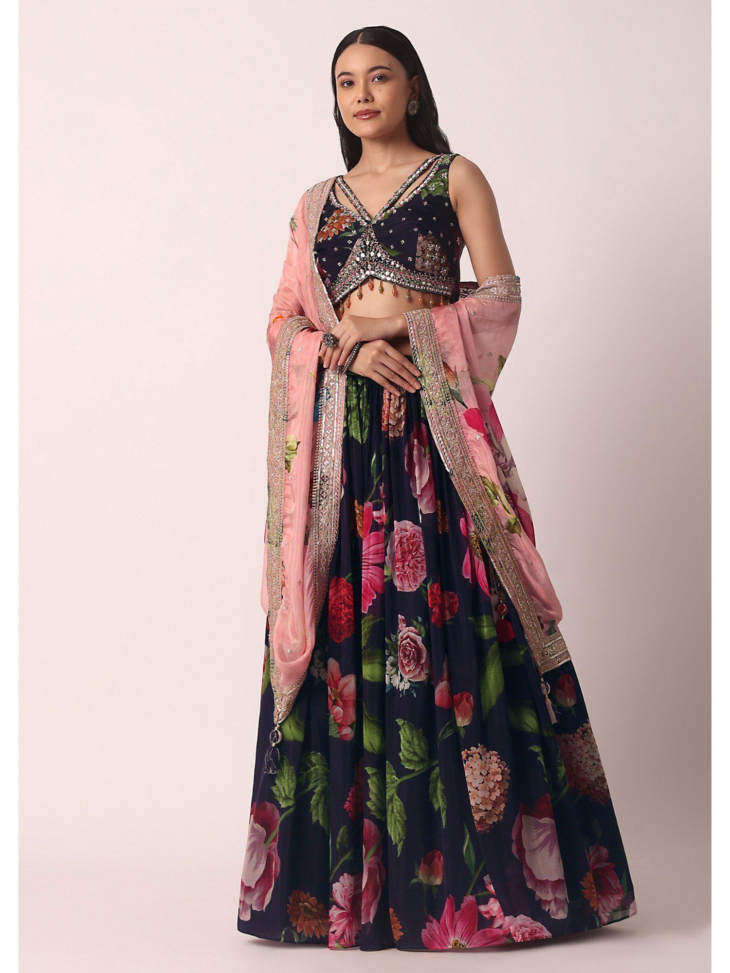 navy blue silk floral print lehenga with choli & dupatta (set of 3)