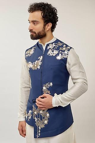navy blue silk foil applique embroidered bundi jacket