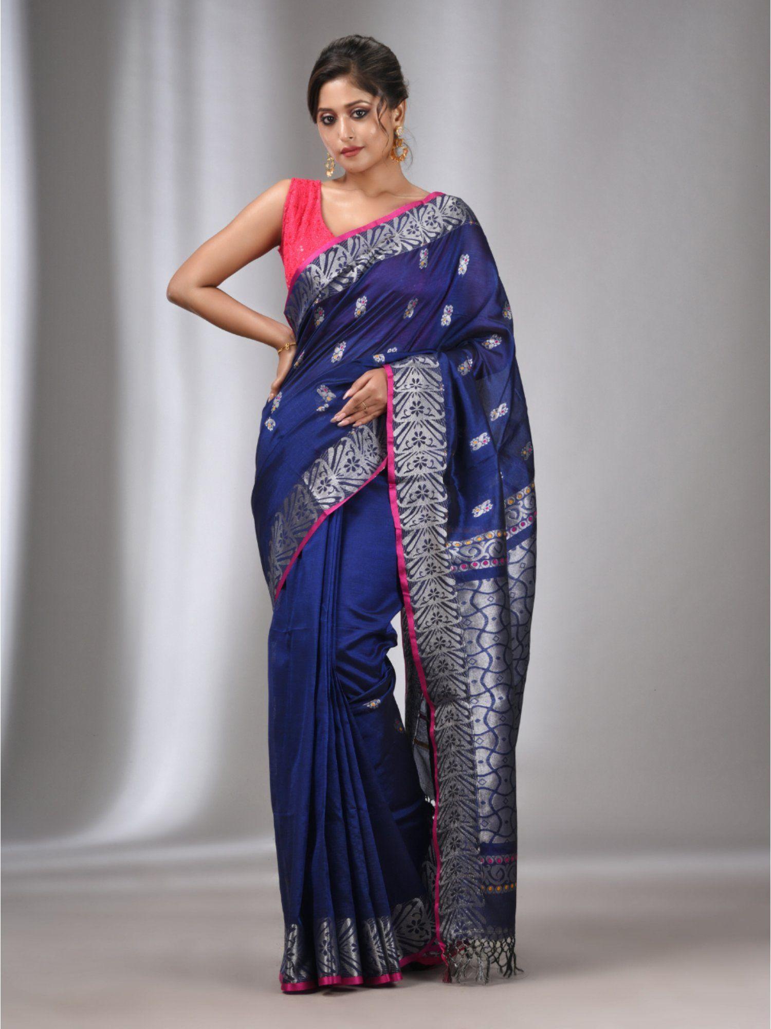 navy blue silk matka handwoven saree with texture border with unstitched blouse