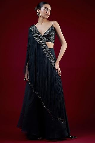 navy blue silk organza crystal embellished lehenga set