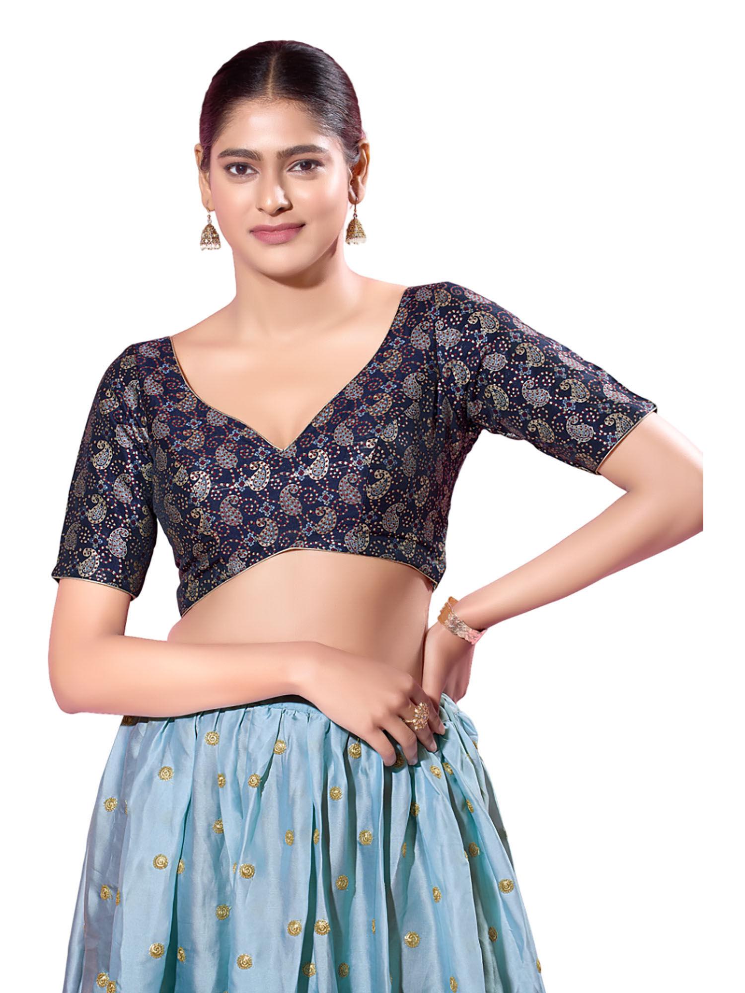 navy-blue silk printed stitched blouse