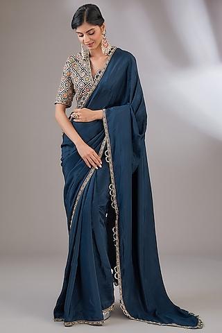 navy blue silk saree set