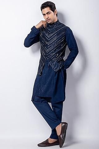 navy blue silk sequins embroidered nehru jacket