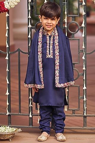 navy blue silk thread embroidered kurta set for boys