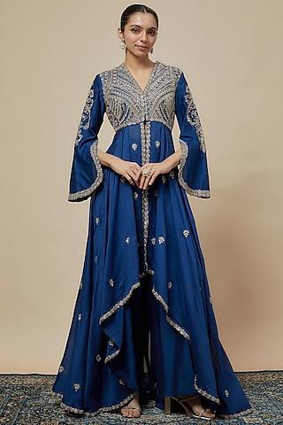 navy blue silk zari embroidered anarkali set