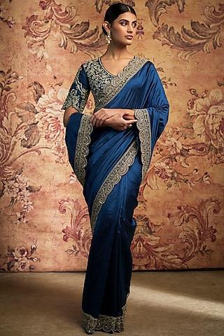 navy blue silk zari embroidered saree set