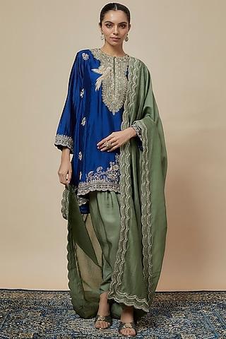 navy blue silk zari embroidered tunic set