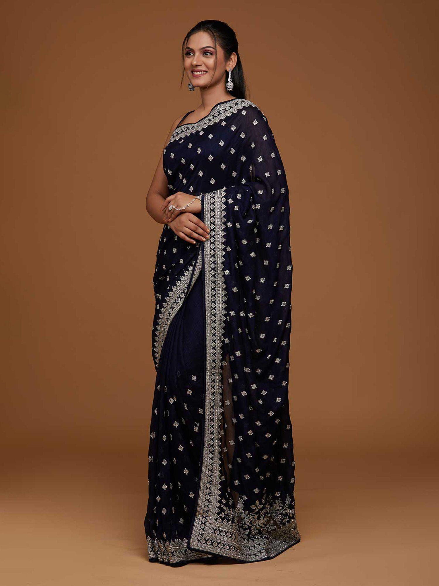 navy blue silver zari work raw silk saree with unstitched blouse