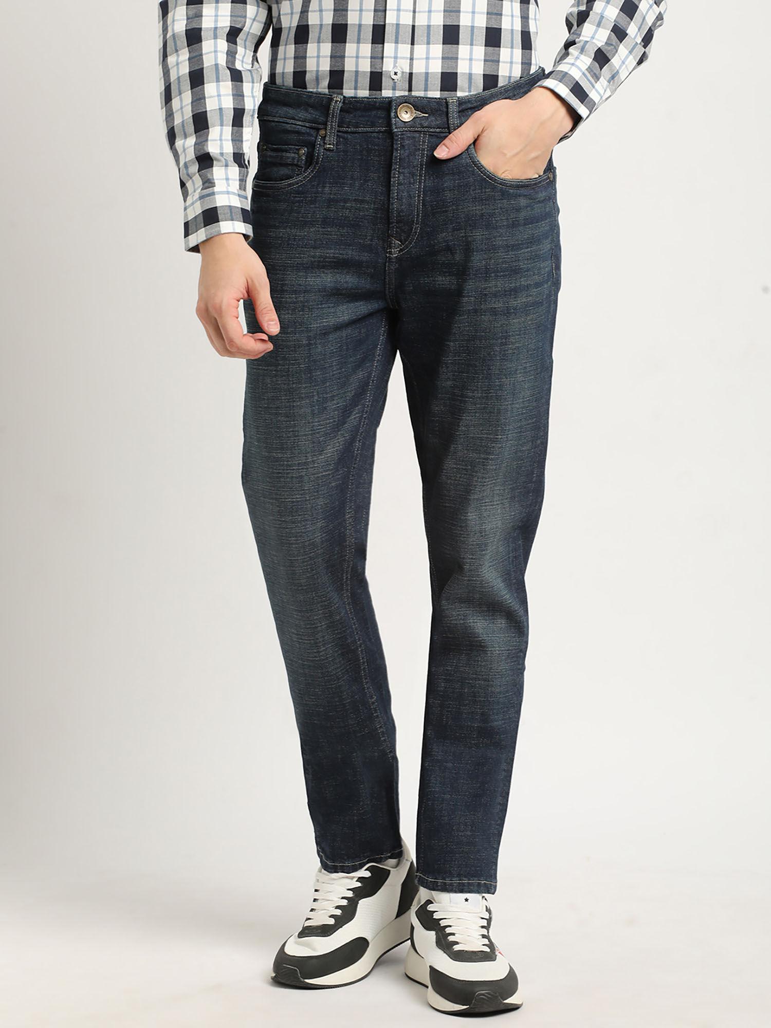 navy blue skinny fit 5 pocket light fade jeans