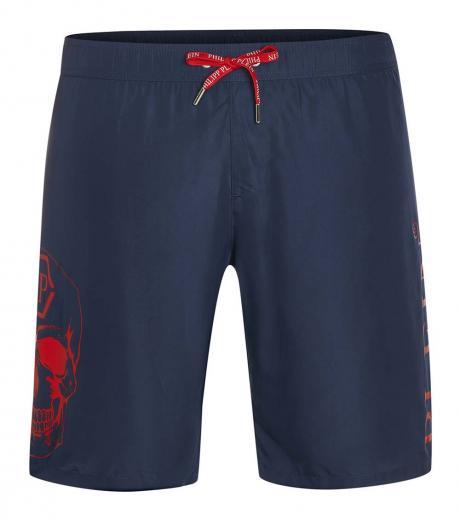 navy blue skull logo swim shorts
