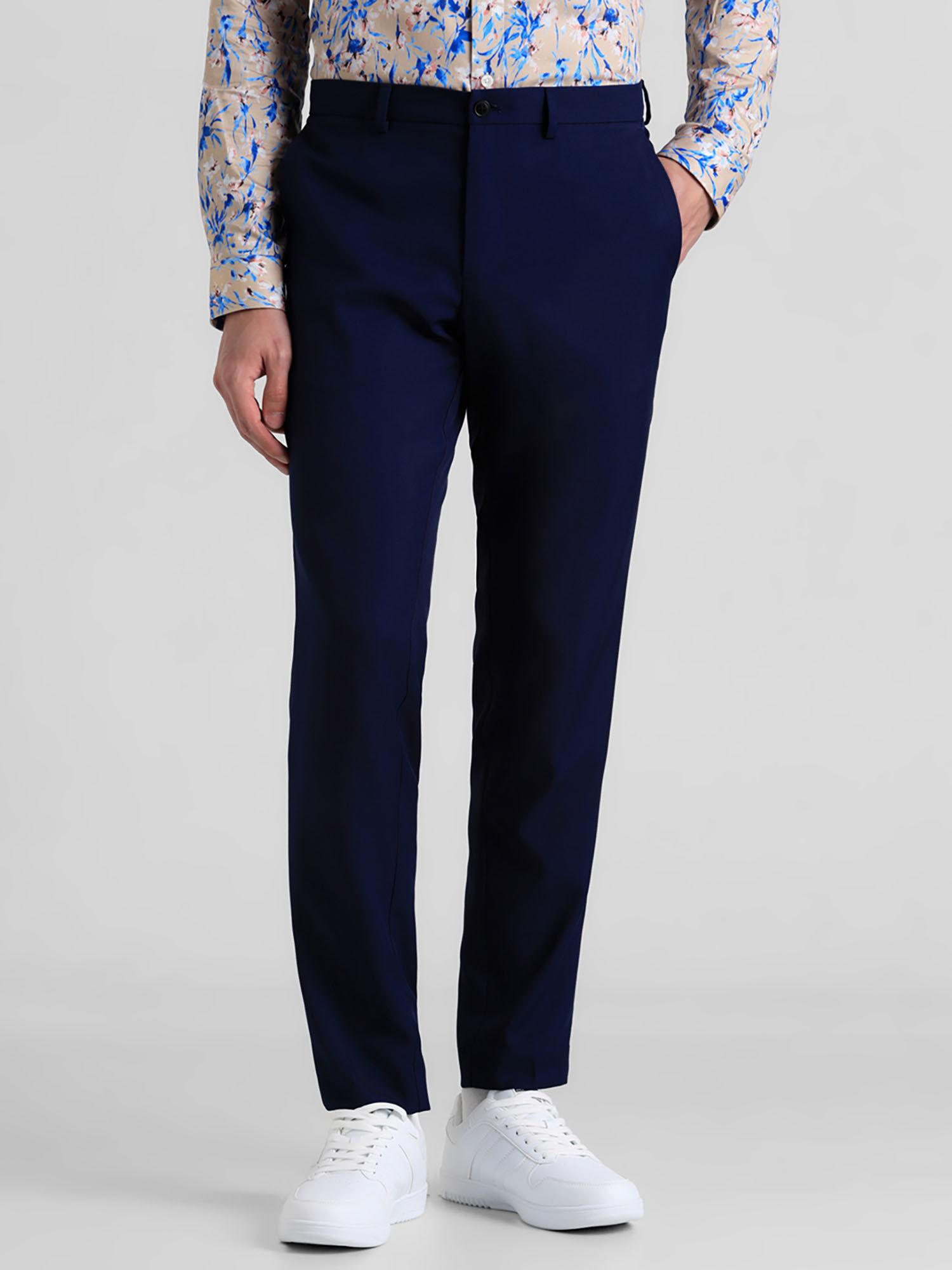 navy blue slim fit trousers