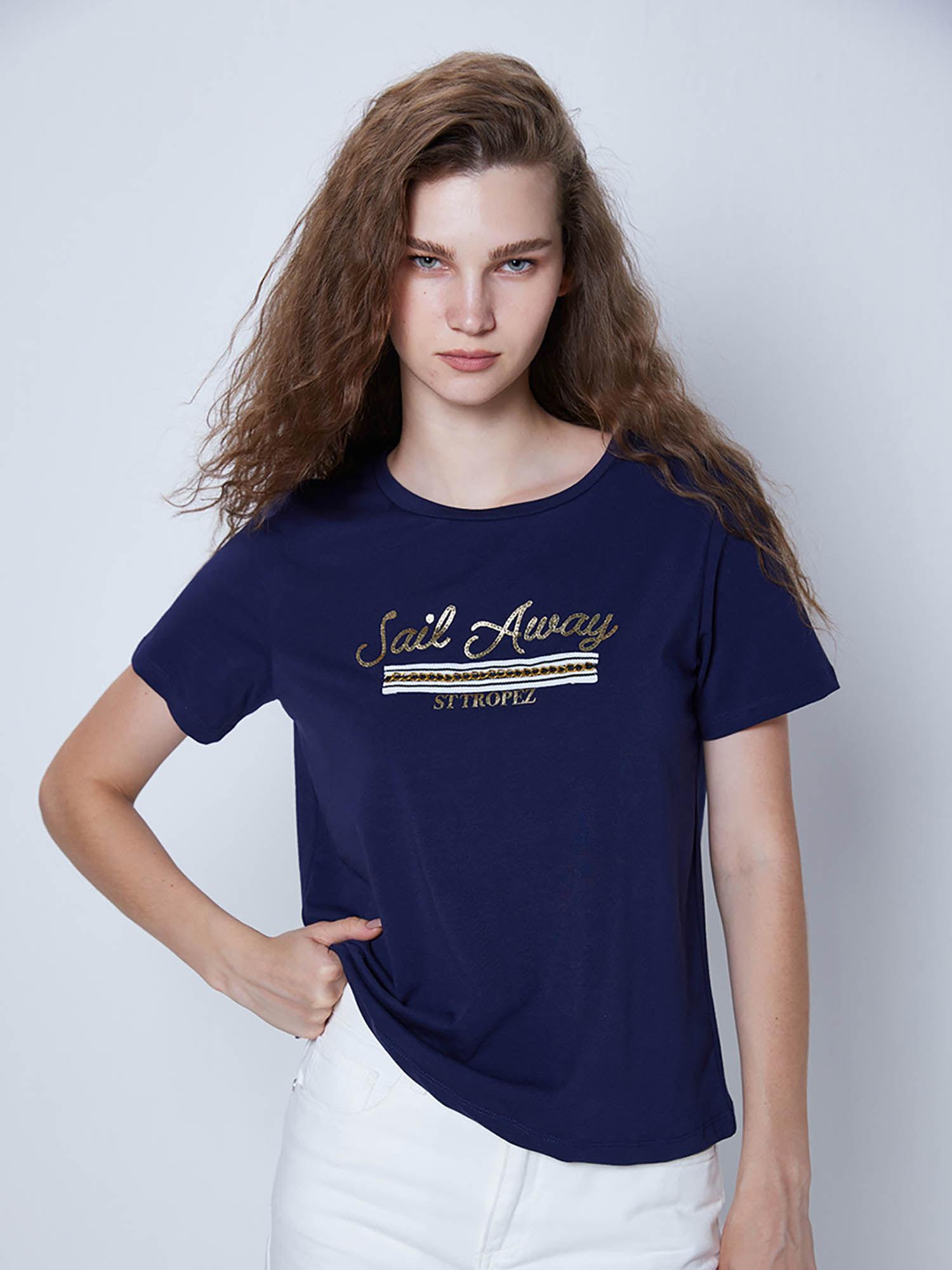 navy blue slogan printed t-shirt