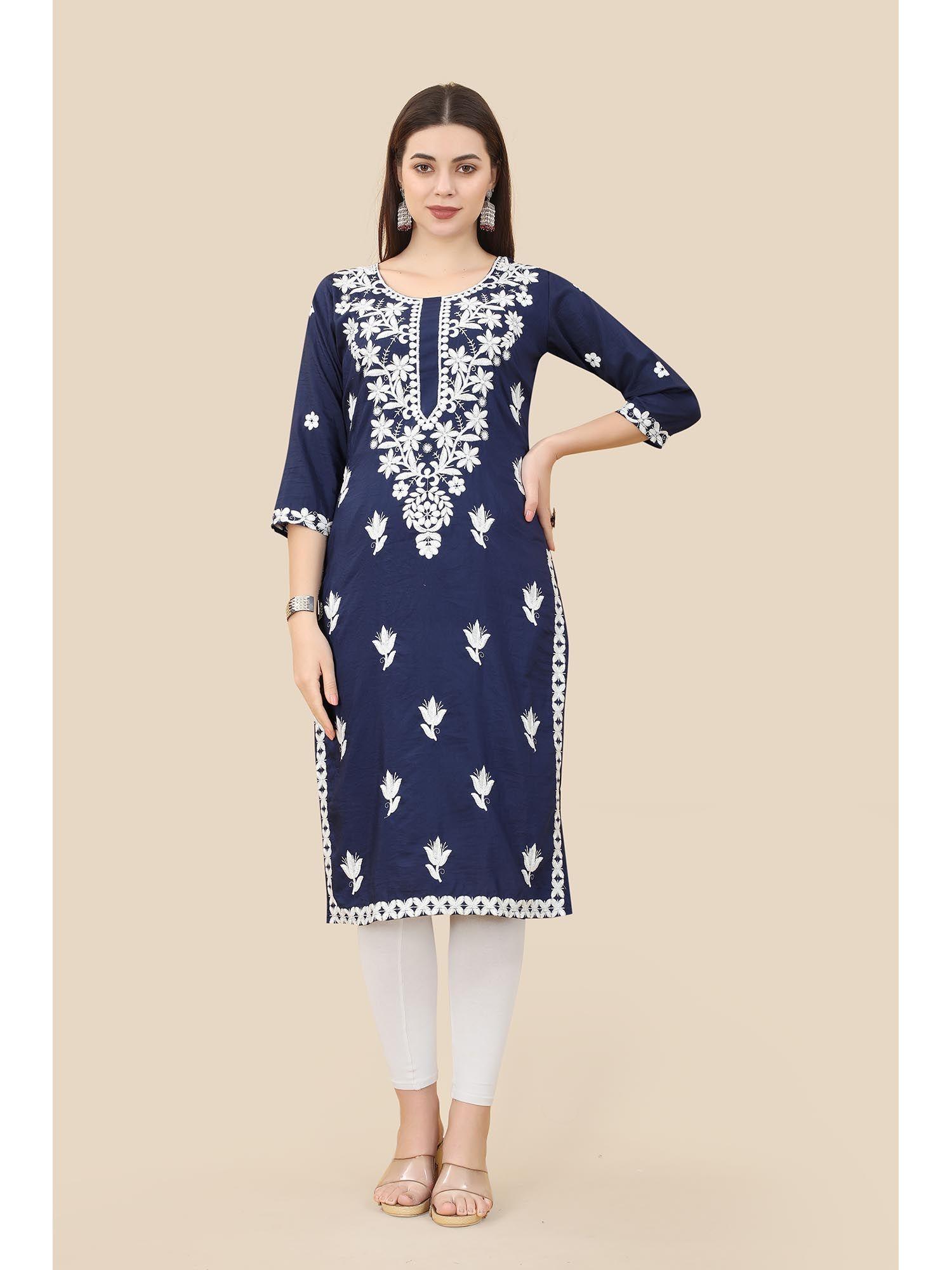 navy blue soft chinnon embroidery work straight kurta