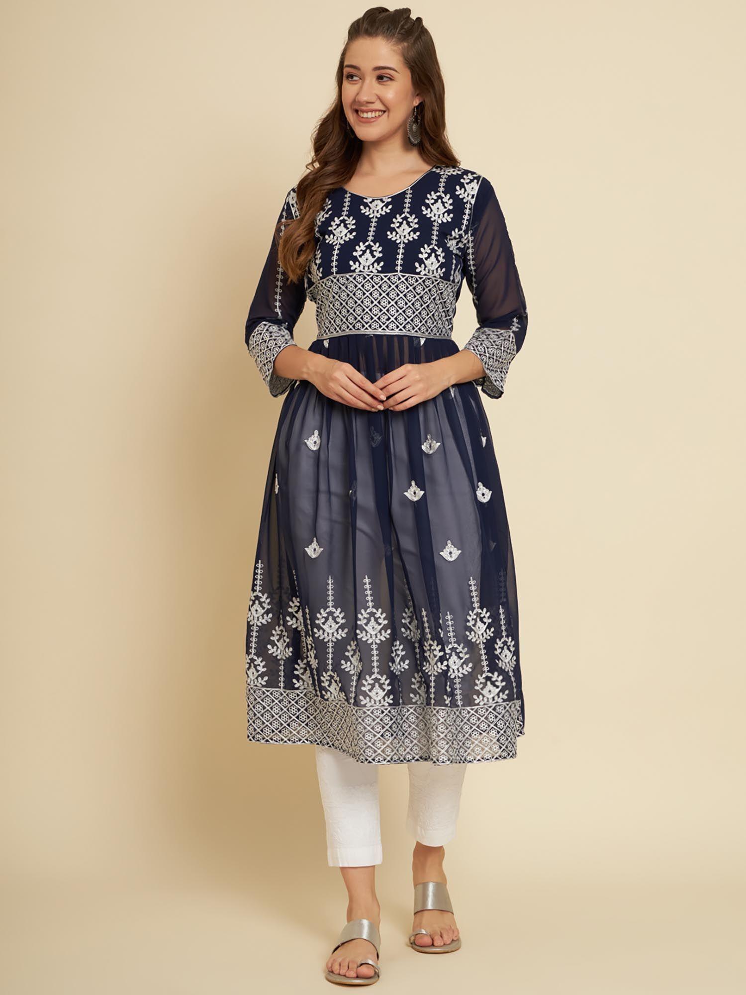 navy blue soft georgette embroidery work anarkali kurta